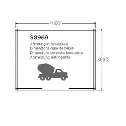 Schéma indiquant les dimensions d'une dalle de béton pour l'abri de jardin, avec une largeur de 4180 mm et une profondeur de 388