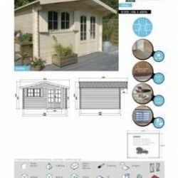 Fiche produit d'un abri de jardin en bois nommé 'Rignitz', incluant des images de l'abri ainsi que des informations techniques e