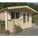 Abri de jardin en bois clair avec une double porte vitrée et une fenêtre, installé sur une terrasse avec des plantes en pot.