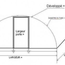 Schéma technique d'une serre tunnel avec des dimensions pour la hauteur, la largeur, la longueur, et le diamètre du tube.