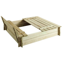 Bac à sable papillon avec bancs intégrés Ce bac à sable carré sera votre parfait allié pour divertir vos enfants. Conçu en bois traité autoclave, il possède un couvercle qui, une fois ouvert, aménage deux bancs sur deux extrémités. De plus, grâce à son coloris bois naturel, le bac à sable s'accordera parfaitement dans chaque environnement. Caractéristiques du bac à sable : Matière : pin traité autoclave  Épaisseur bois : 14 mm Quantité de sable : 15 x 25 kg Dimensions hors tout : 1.20 x 1.20 m Hauteur hors tout : 0.26 m Dimensions intérieures : 1.03 x 1.03 m Hauteur intérieure : 0.24 m Volume maximum : 225 L Forme : carrée Avec couvercle rabattable Certifié FSC Âge préconisé : 3 ans et plus  