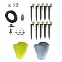 Kit d'irrigation Iriso avec 10 goutteurs rouges, un tuyau noir, des raccords en T et un embout de perçage, sans les réservoirs v