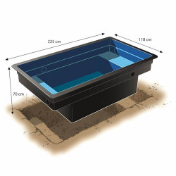Bassin préformé modulable Quadra 1500 litres avec dimensions 225 x 118 x 70 cm, illustré en coupe avec zone creusée.