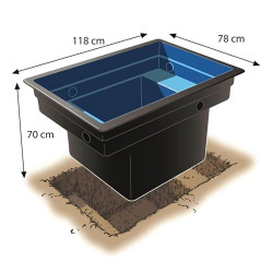 Bassin préformé modulable Quadra 520 litres avec dimensions 118 x 78 x 70 cm, illustré en coupe avec zone d'installation.