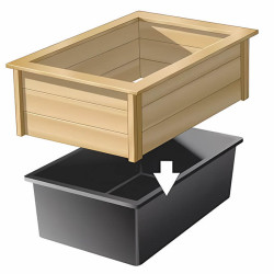 Illustration de l’installation du bassin 365 L avec cadre bois – montage en deux parties avec flèche de positionnement