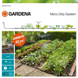 Présentation du kit Gardena Micro-Drip-System pour 40 m², idéal pour les parterres et potagers, avec schéma de montage et exempl