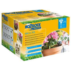 Boîte du kit Hozelock Easy Drip Micro Kit pour balcons et terrasses, avec 15 goutteurs pour l’arrosage automatique de jardinière