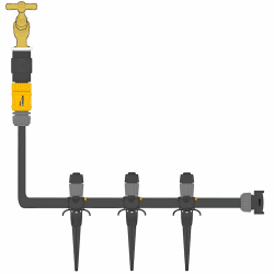 Schéma de branchement du kit Hozelock Easy Drip avec connexion au robinet, ligne principale et goutteurs sur piquet.