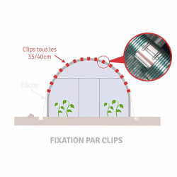 Schéma de fixation d’une bâche de serre par clips tous les 35 à 40 cm.