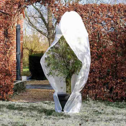 Housse d'hivernage blanche 70 g/m² avec cordelette de serrage et fermeture zippée – ouverte autour d’un olivier