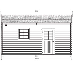 Plan latéral du garage bois avec fenêtre à carreaux et porte avec vitrage, dimensions indiquées