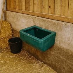 Mangeoire pour poulains fixée sur un mur de box, idéale pour l’écurie ou l’élevage équin