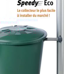 Installation du collecteur Speedy Eco sur une gouttière avec tuyau flexible relié à une cuve verte