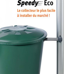 Collecteur Speedy Eco Gris connecté à une cuve, illustrant une installation simple sur descente de gouttière ronde