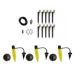 Contenu du kit duo max Iriso avec 10 goutteurs, supports, tuyau, filtre et 3 pieds goutteurs