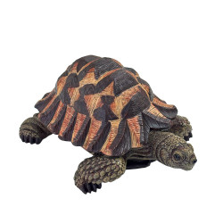 Tortue terrestre en résine vue de trois quarts, mettant en valeur les détails réalistes de sa carapace à motifs géométriques bru