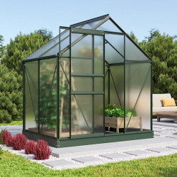 Gros plan sur la porte coulissante simple de la Serre Comet en aluminium vert