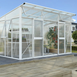 Serre de jardin avec toit en polycarbonate et murs en verre de sécurité