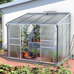 Serre adossée IDA 5200 - 5,20 m² polycarbonate avec porte coulissante et lucarne