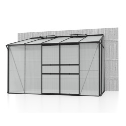 Serre de jardin adossée équipée pour cultiver légumes, semis et plantes fragiles toute saison