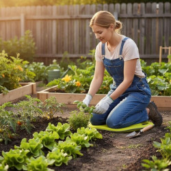 femme qui est a genoux dans son potager en train de jardiner