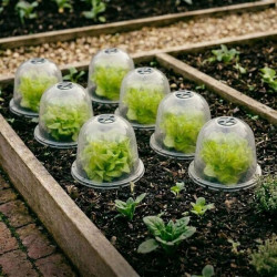 Plants de salade sous cloches de forçage dans carré potager