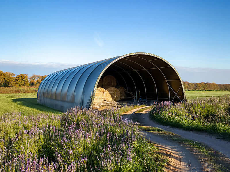 Un tunnel de stockage se trouvant dans un champ vert sous un ciel bleu clair. Des balles de foin sont visibles à l'intérieur de la structure. Un chemin de terre sinueux passe devant l'abri, et le champ est parsemé de plantes à fleurs violettes. Des arbres bordent l'horizon en arrière-plan.