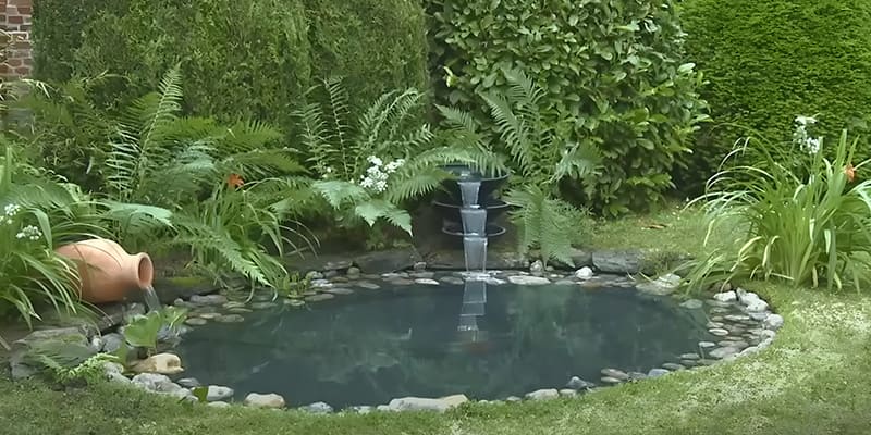 Bassin terminé avec galets, plantes aquatiques et cascade installée