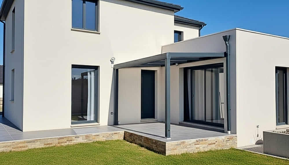 pergola moderne en aluminium gris adossée à une entrée de maison