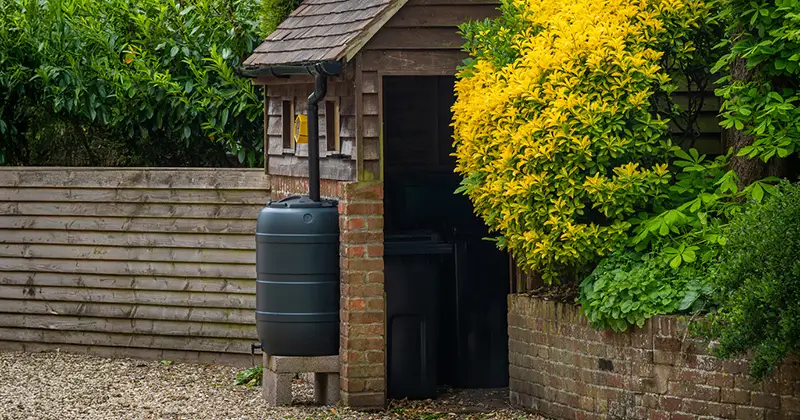 Récupérateur d'eau de pluie installé à côté d’un abri de jardin en bois, relié à une gouttière, entouré de végétation et d’un sol en gravier.