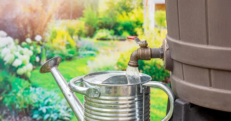 Récupérateur d'eau de pluie en plastique brun alimentant un arrosoir en métal dans un jardin fleuri en arrière-plan.