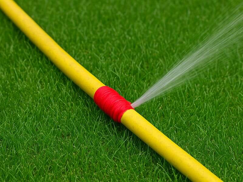 Tuyau d’arrosage jaune réparé avec du ruban rouge, laissant échapper un jet d’eau sous pression sur pelouse verte.