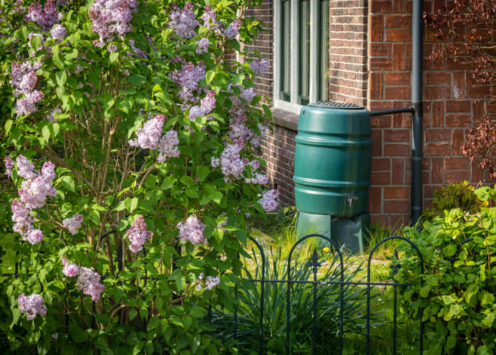 Récupérateur d’eau de pluie installé au jardin à côté d’une maison en briques