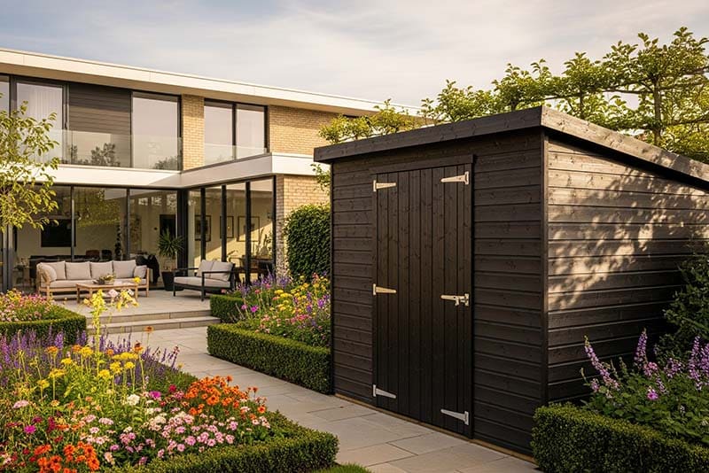 Abri de jardin moderne en bois noir, adossé à une maison contemporaine avec terrasse et massifs fleuris soignés