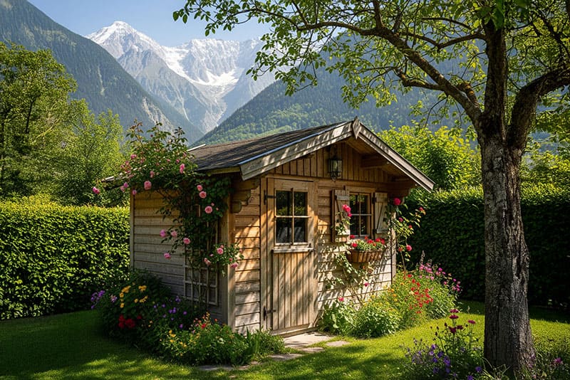 Petit abri de jardin en bois façon chalet, entouré de fleurs, avec sommets enneigés et forêt alpine en arrière-plan.