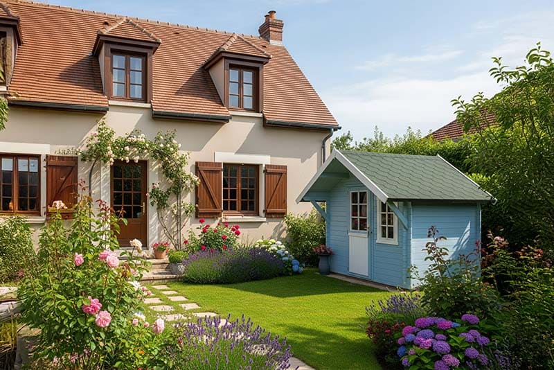 Abri de jardin bleu clair dans un jardin fleuri, devant une maison traditionnelle à toit en tuiles et volets bois.