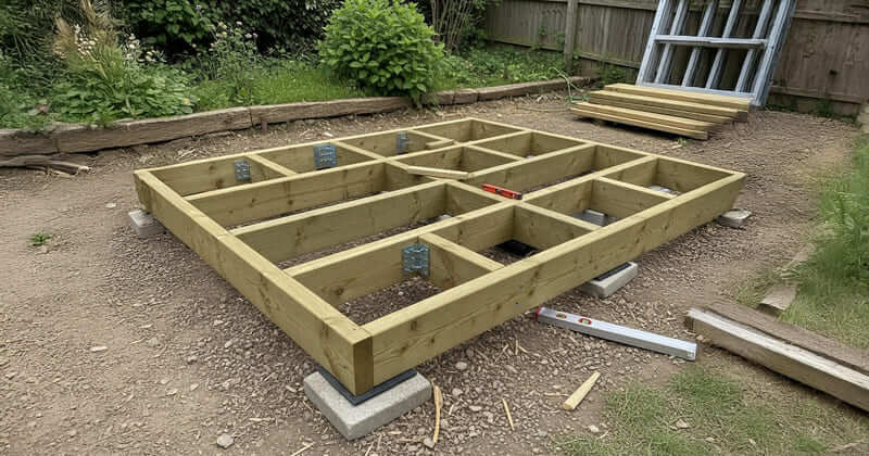 Structure en lambourdes bois posée sur plots ou blocs, base préparée pour un abri de jardin