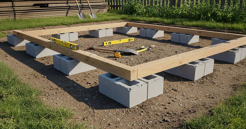 Cadre bois reposant sur des parpaings à plat sur terrain nivelé, en préparation pour un abri de jardin