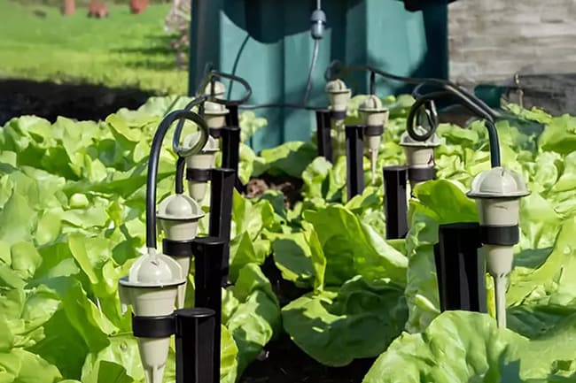 Système d’arrosage goutte-à-goutte Iriso installé au pied de plants de salade.