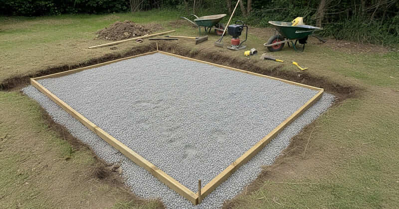 Fondation en lit de gravier stabilisé délimitée par des planches, prête à accueillir un abri de jardin
