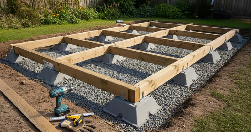 Plots plastiques posés sur gravier compacté avec lambourdes bois, pour la fondation d’un abri de jardin