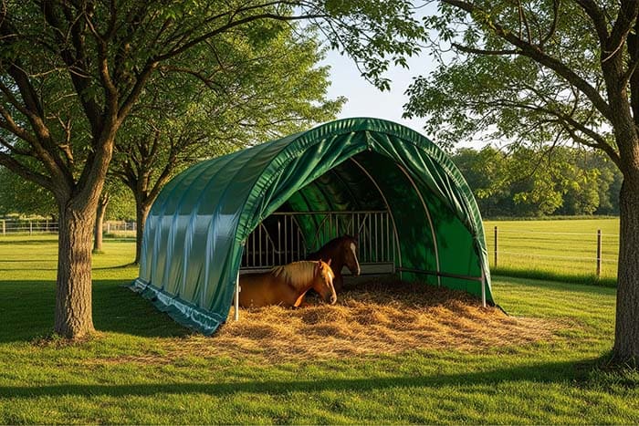 Tunnel agricole pour chevaux installé dans un pré, utilisé comme abri avec bâche verte résistante