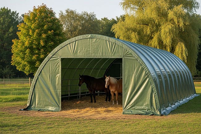 Tunnel agricole fermé utilisé comme abri pour chevaux, installé dans un pré verdoyant