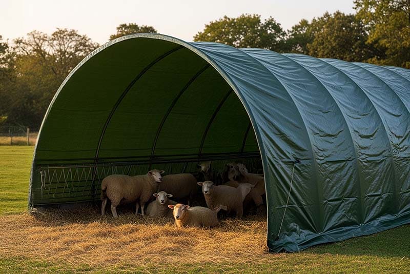 Tunnel de stockage agricole abritant un troupeau de moutons, équipé d'une bâche verte résistante.