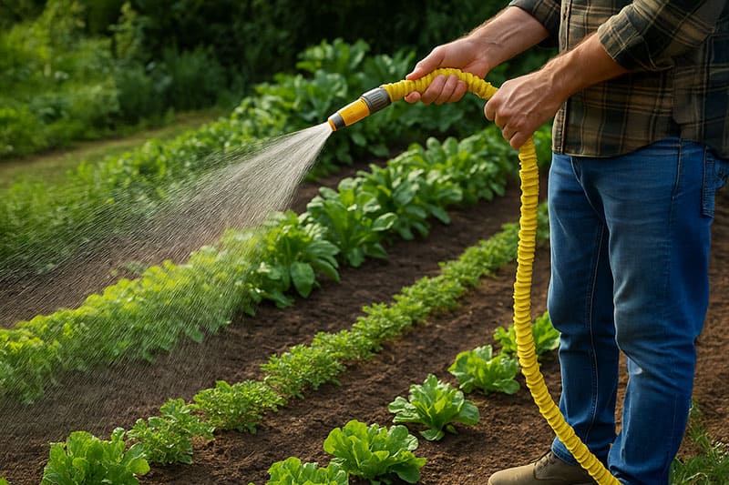 Homme arrosant un potager avec un tuyau d’arrosage extensible jaune, projetant un jet d’eau sur des rangées de légumes.