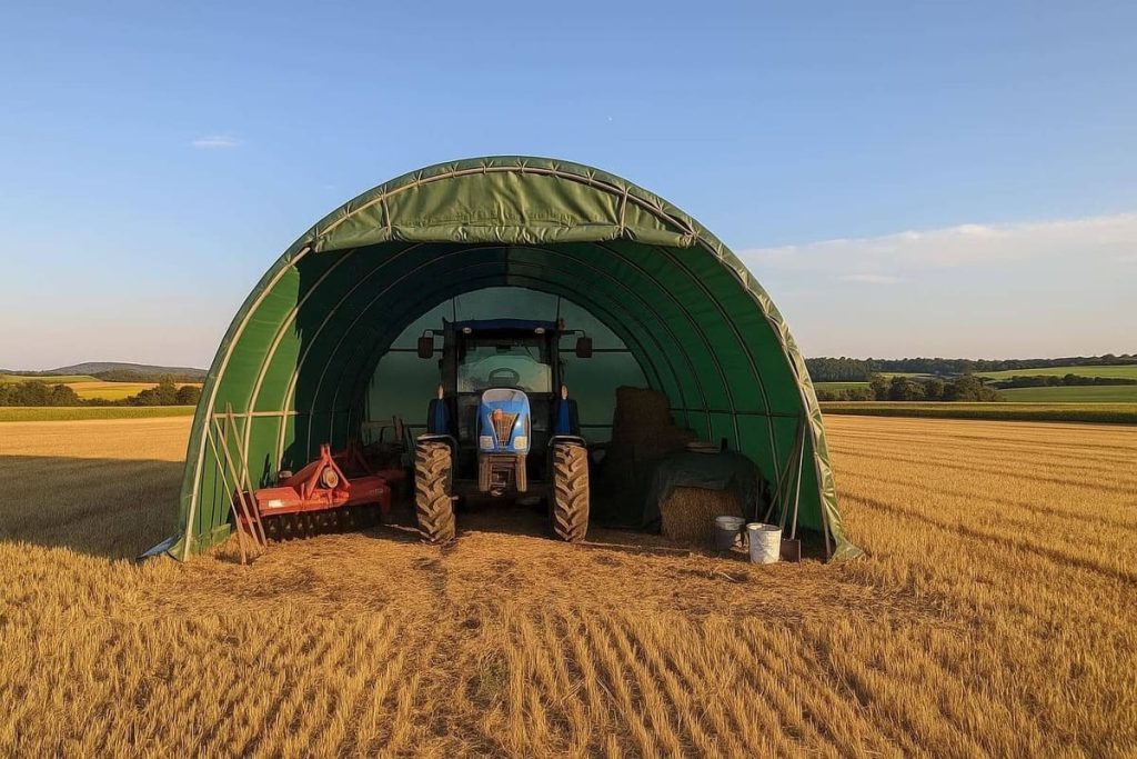 petit tunnel de stockage avec un tracteur au milieu d'un champs