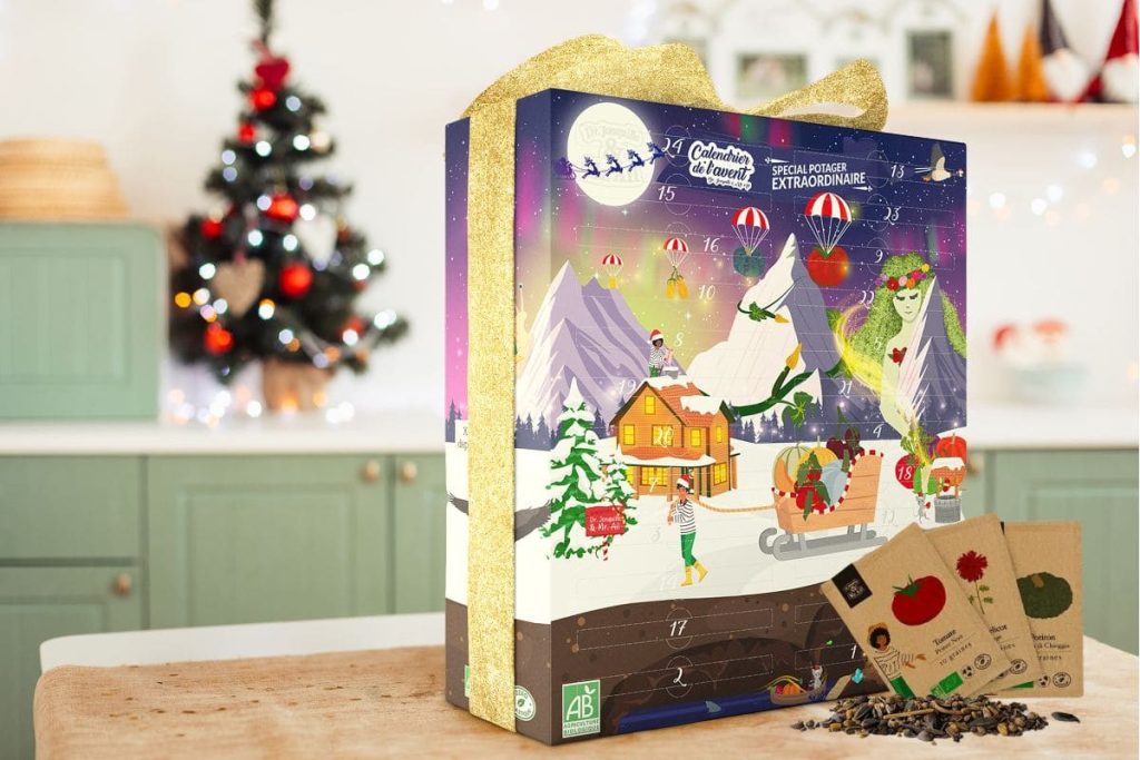 photo d'un calendrier de l'avent spéciale potager sur une table avec des graines