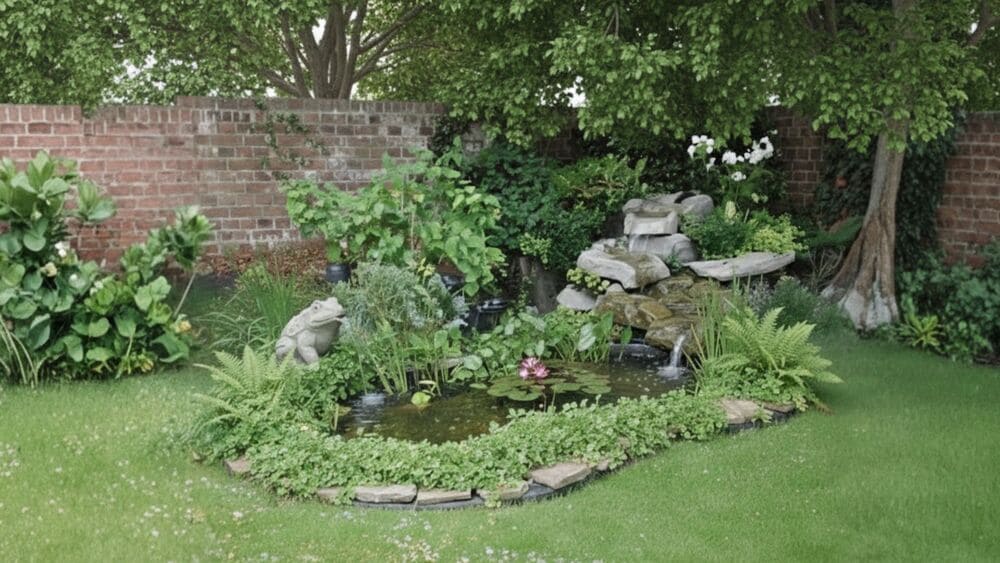 bassin préformé avec bordures aménagées dans un jardin