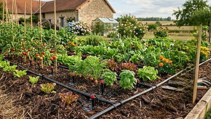 potager avec un système d'arrosage automatique goutte à goutte