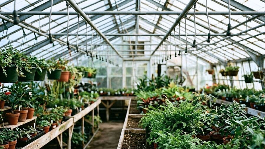 l'intérieur d'une serre avec un arrosage par aspersion